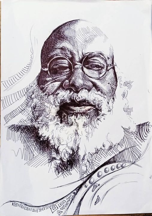 a picture showing a new portrait of Moyo Okediji penned delivered by Frank Anwuacha.