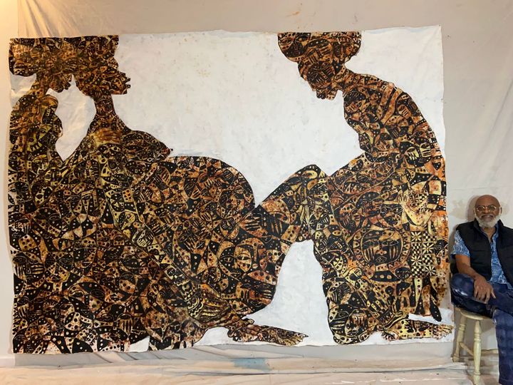 a post showing Moyo OKediji art piece in his gallery